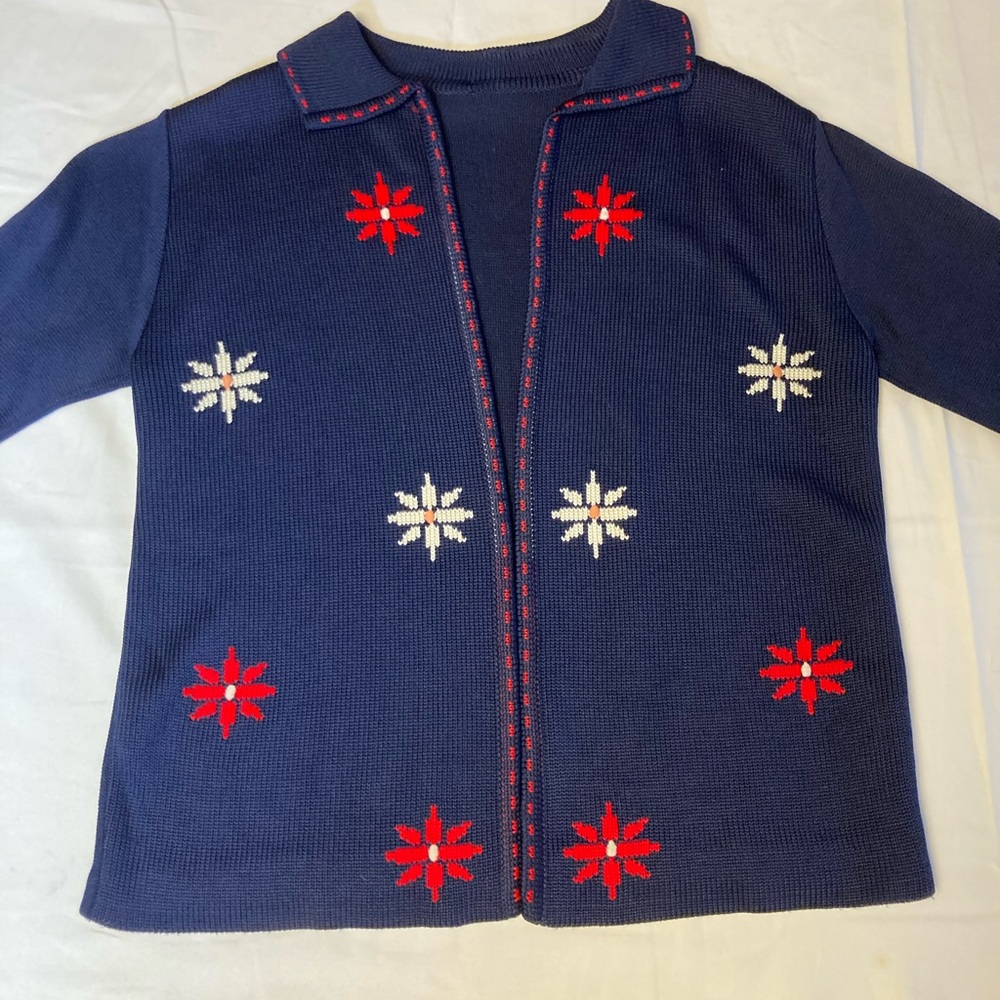 Vintage Navy Cardigan with Red and White Accents